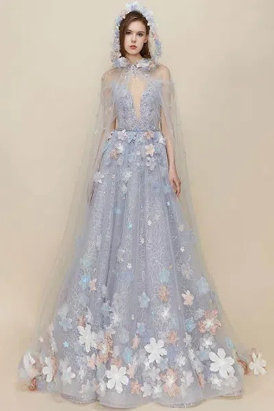 The Atelier Couture Willow Gown With Cape In Blue