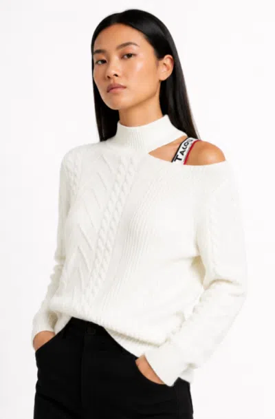 The Athletic Side Of Us Women's Victorian Cut-out Shoulder Sweater - Ribbed Knit In Ivory In White