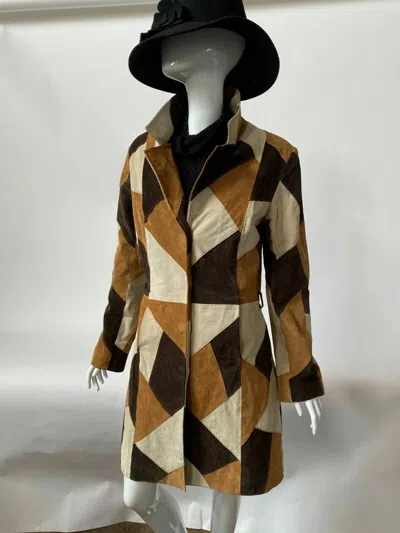Pre-owned The Bombay Leather Co Womens Suede Leather Trench Coat Jacket Patch Work Brown Size S M L Xl Xxl 3xl