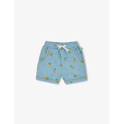 The Bonnie Mob Babies'  Beach Denim Graphic-print Elasticated-waistband Organic-cotton Shorts 6-24 Months In Blue