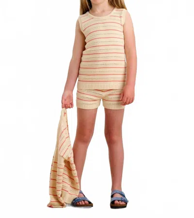 The Bonnie Mob Kids' Girl's Costa Stripe Shorts In Coral In Neutral