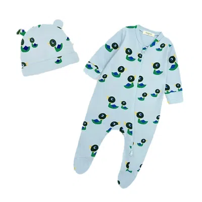 The Bonnie Mob Kids Bayley Berry Ducks & Hat Set Sleepsuit In Blue
