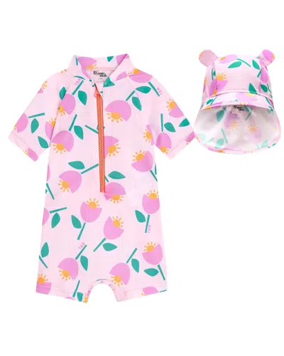 The Bonnie Mob Kids' The Bonniemob Rashguard Swimsuit & Hat Set In Pink