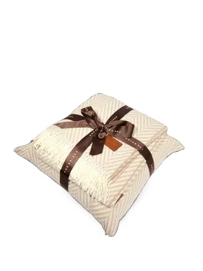 The Bridge Herringbone Fringe-trim Cushion And Throw Set In Neutral