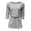 The Bshirt Nursing Three Quarter Sleeve T-shirt In White And Navy Stripes In Gray