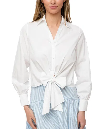 The Burgess Collection The Kitty Front Tie Polo Cotton Blouse In White