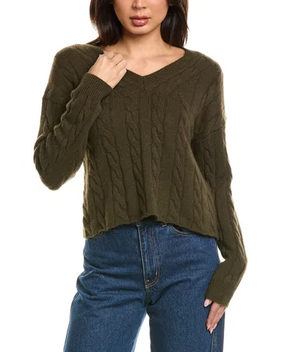 The Cashmere Project Cropped Cable V Neck Sweater In Earth Green