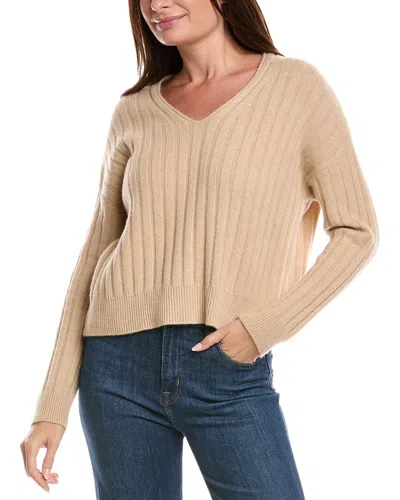 The Cashmere Project Wide Rib Cropped V-neck Cashmere Sweater In Neutral