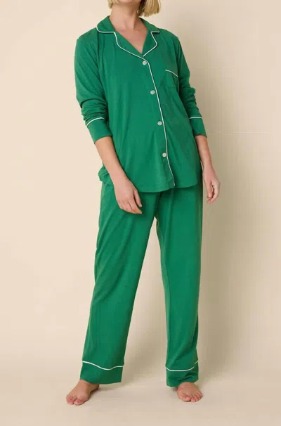 The Cat's Pajamas Classic Pima Knit Long Sleeve Pajama Set In Pine In Silver