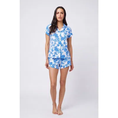 The Cat's Pajamas Floral Pima Knit Pajama Short Set In Blue