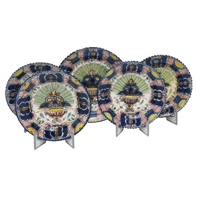 Pre-owned The Claw Delft - Group Of 5 Small Polychrome 'peacock' Plates, 18th Century - 'de Claauw' In Gray