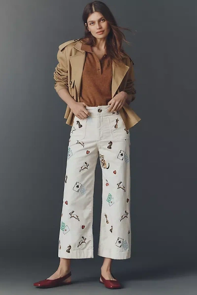 The Colette Collection By Maeve The Colette Crop Printed Corduroy Wide-leg Trousers In White