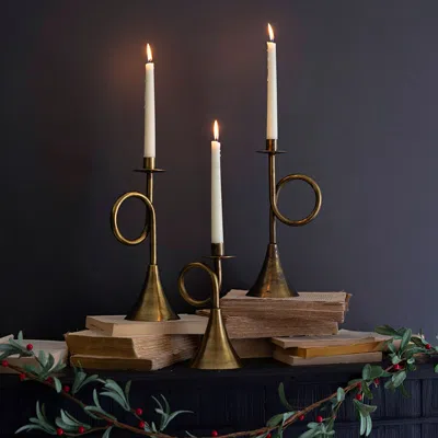 The Company Store Antique Brass Trumpet Candle Holders, Set Of 3 In Gold