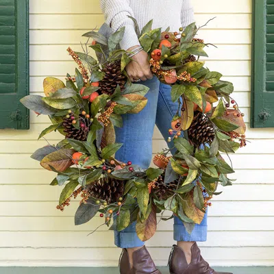 The Company Store Autumn Persimmon Wreath In Brown/green