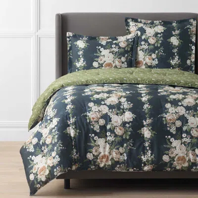 The Company Store Blooming Melody Reversible Premium Smooth Wrinkle-free Sateen Comforter In Blue