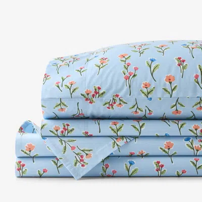 The Company Store Blossoms And Stripes Classic Cool Cotton Percale Bed Sheet Set In Blue