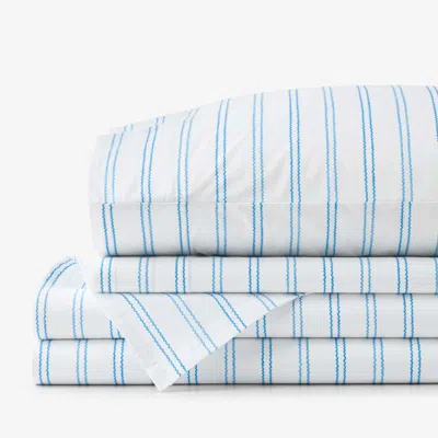 The Company Store Blossoms And Stripes Classic Cool Cotton Percale Bed Sheet Set In Blue/white