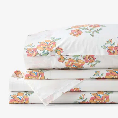The Company Store Blossoms And Stripes Classic Cool Cotton Percale Bed Sheet Set In Orange/coral