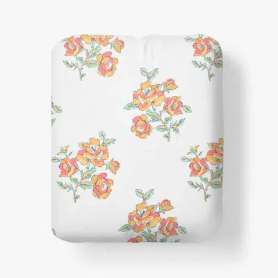 The Company Store Blossoms And Stripes Classic Cool Cotton Percale Fitted Bed Sheet In Orange/coral