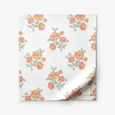 The Company Store Blossoms And Stripes Classic Cool Cotton Percale Flat Bed Sheet In Orange/coral
