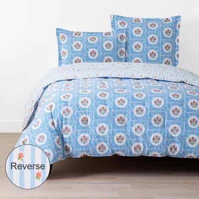 The Company Store Blossoms And Stripes Classic Cool Cotton Percale Reversible Comforter In Blue