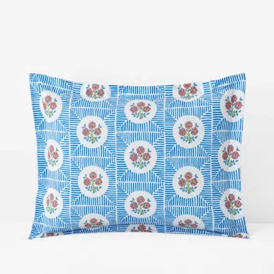 The Company Store Blossoms And Stripes Classic Cool Cotton Percale Reversible Sham In Blue
