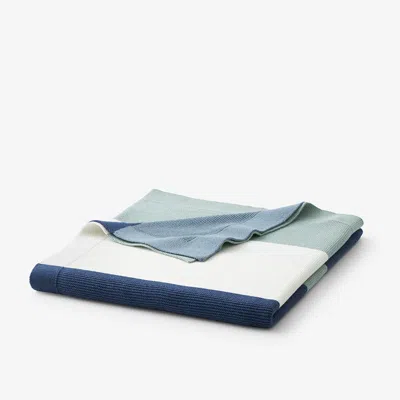 The Company Store Classic All Season Breathable Cotton Knit Throw Blanket In Blue/ivory/teal