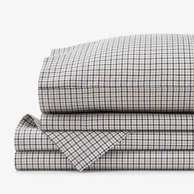 The Company Store Classic Stripes And Plaids Cool Yarn-dyed Cotton Percale Bed Sheet Set In Beige/blue