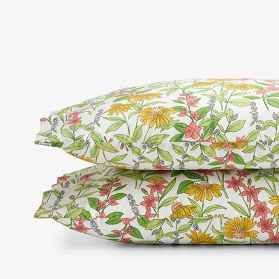 The Company Store Coneflower Patch Classic Cool Cotton Percale Pillowcase Set In Green/pink/yellow