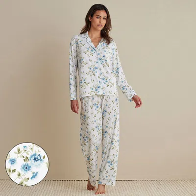The Company Store Cotton Modal Women's Button-down Pajama Set In Blue/green/white