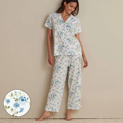 The Company Store Cotton Modal Women's Cropped Pants Pajama Set In Blue/green/white