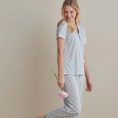 The Company Store Cotton Modal Women's Cropped Pants Pajama Set In Green/pink