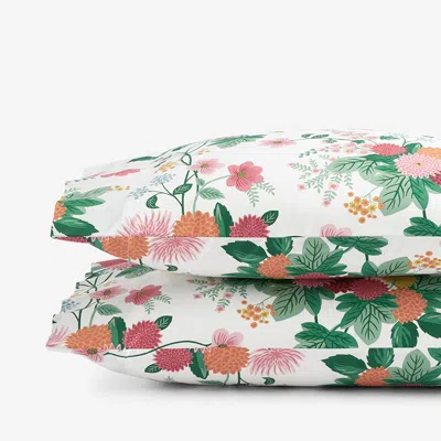 The Company Store Dahlia Classic Cool Cotton Percale Pillowcase Set In Green/pink/multi