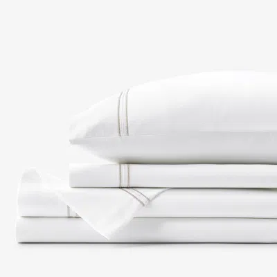 The Company Store Dorset Stripe Luxe Smooth Egyptian Cotton Sateen Bed Sheet Set In Beige/white