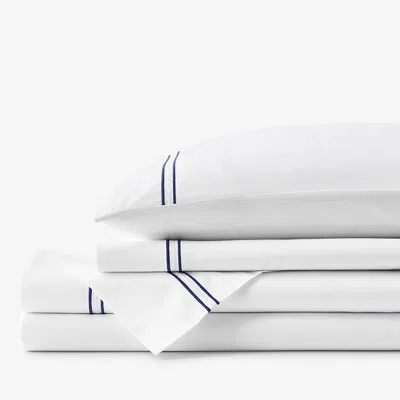 The Company Store Dorset Stripe Luxe Smooth Egyptian Cotton Sateen Bed Sheet Set In Blue/white