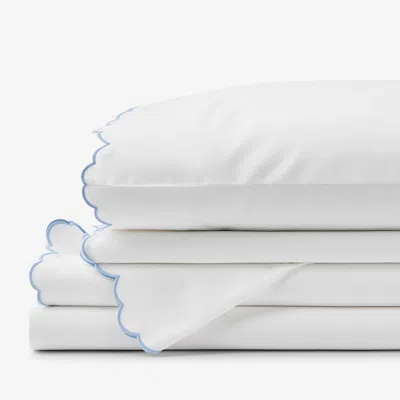 The Company Store Embroidered Scallop Classic Smooth Sateen Solid Bed Sheet Set In Blue/white