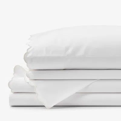 The Company Store Embroidered Scallop Classic Smooth Sateen Solid Bed Sheet Set In Ivory/white