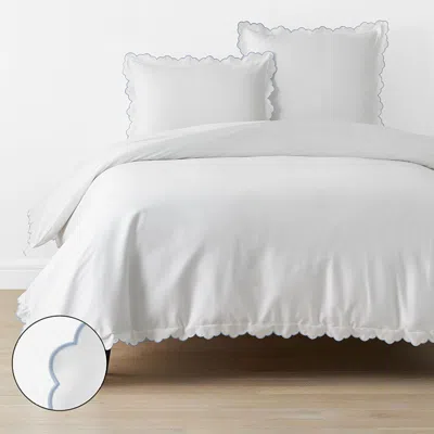 The Company Store Embroidered Scallop Classic Smooth Sateen Solid Duvet Cover In Blue/white