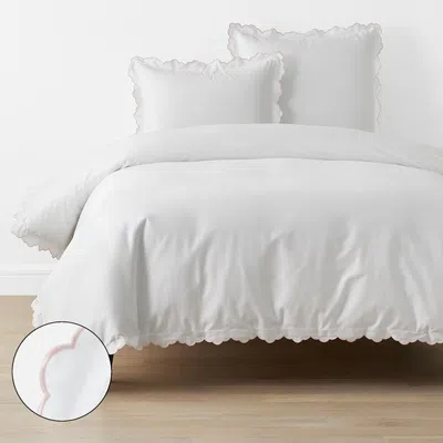 The Company Store Embroidered Scallop Classic Smooth Sateen Solid Duvet Cover In Pink/white