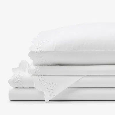 The Company Store Eyelet Classic Cool Cotton Percale Solid Bed Sheet Set In White