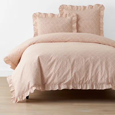 The Company Store Eyelet Ruffle Classic Cool Yarn-dyed Cotton Percale Duvet Cover In Orange/coral/pink