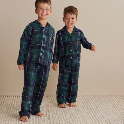 The Company Store Family Flannel Kid's Button-down Pajama Set In Blue/green