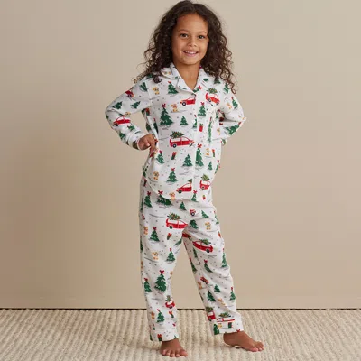The Company Store Family Flannel Kid's Button-down Pajama Set In Green/red/white