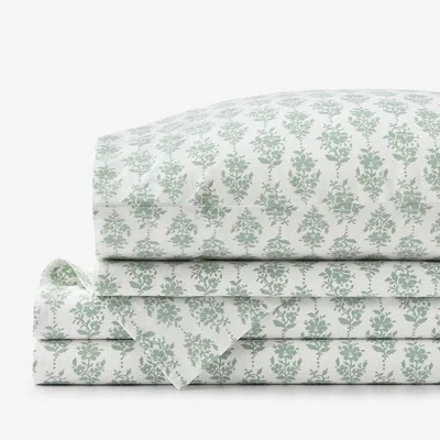The Company Store Fancy Blossom Garment Washed Cotton Percale Bed Sheet Set In Green