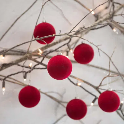 The Company Store Flocked Velvet Holiday Ornaments, Set Of 6 In Red