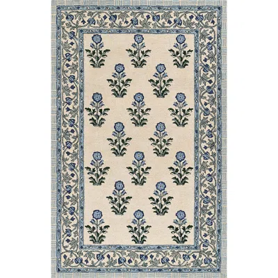The Company Store Floral Border Hand Tufted Wool Rug In Blue