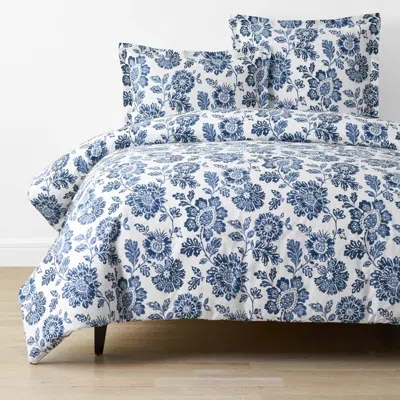 The Company Store Floral Indigo Garden Classic Cool Cotton Percale Duvet Cover In White
