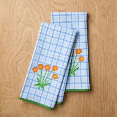The Company Store Floral Plaid Kitchen Towel Sets In Blue