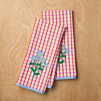 The Company Store Floral Plaid Kitchen Towel Sets In Red