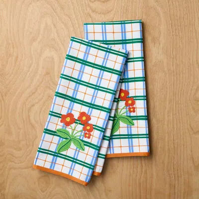 The Company Store Floral Plaid Kitchen Towel Sets In White